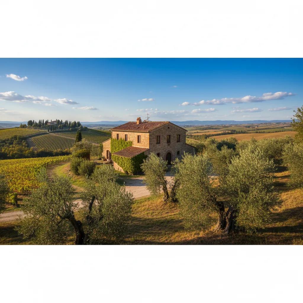 Maison en pierre en Toscane entourée de vignes et oliviers
