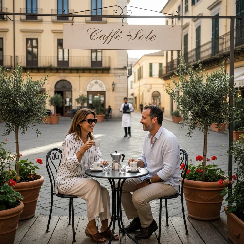 Couple français prenant un café en terrasse en Italie